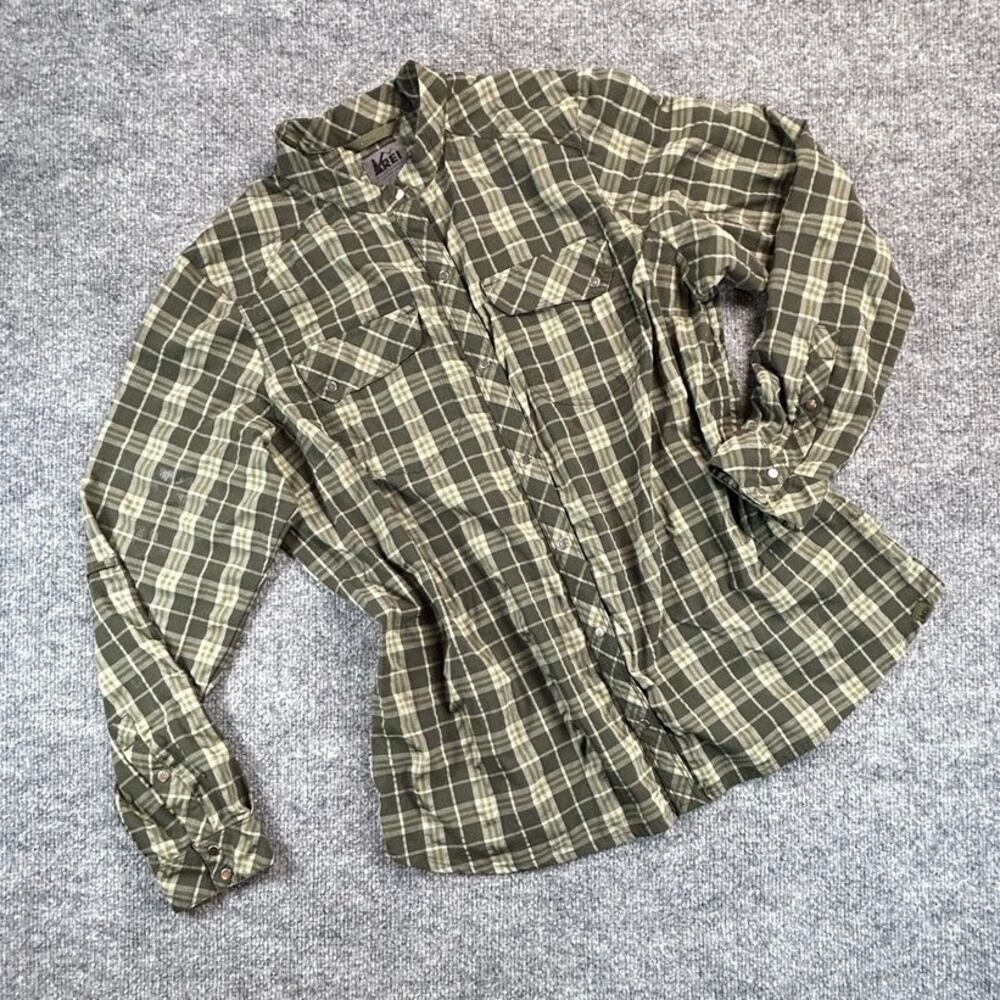 REI Men’s XL Green Plaid Stretch Hiking Shirt Long Sleeve Button Up